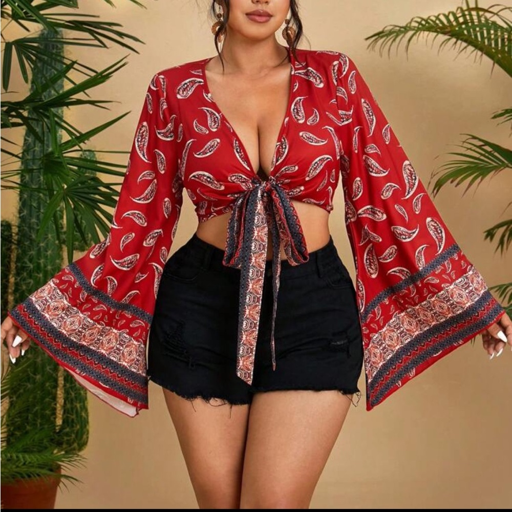 Boho Paisley Floral Flare Bell Sleeve Tie-Front Blouse Cropped Top Shirt Red